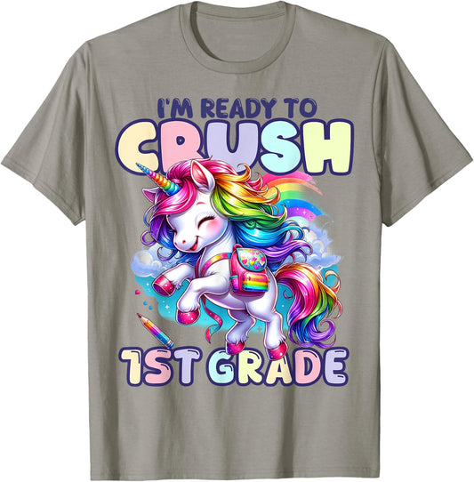 Crush 1st Grade Girls Back to School Unicorn First Day Cute T-Shirt - T-Shirt | Sand