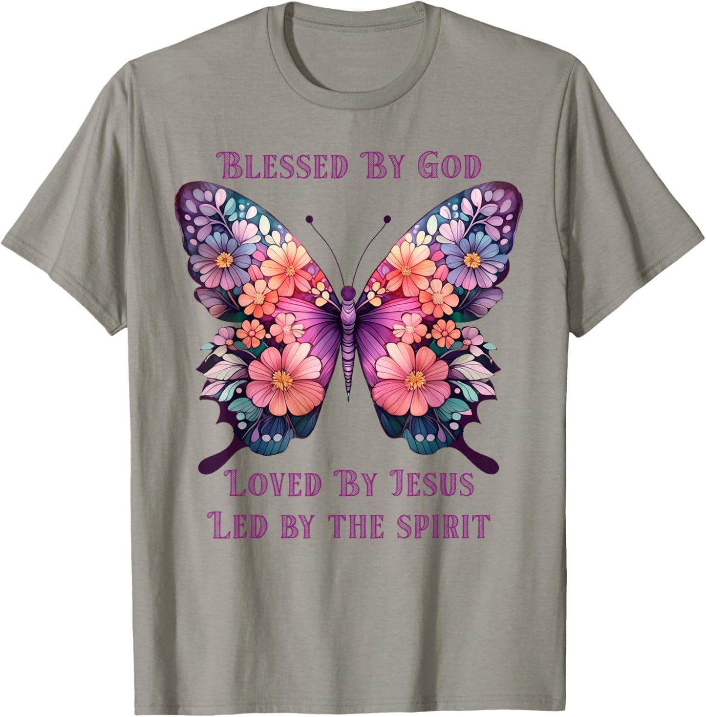 Blessed by God Loved by Jesus Purple Butterfly T-Shirt - T-Shirt | Sand