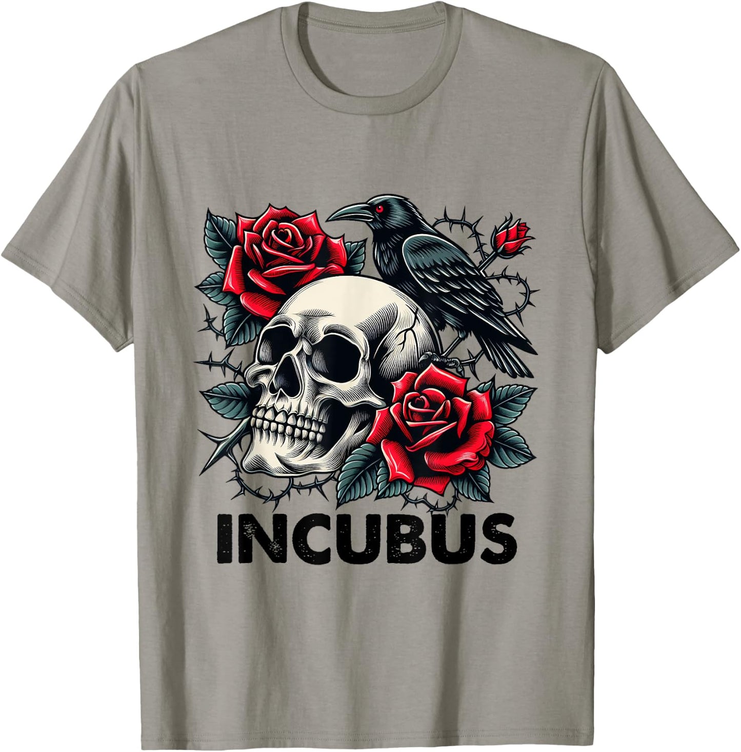 Retro Halloween Graphic Incubus-Crow Left Skull And Flower T-Shirt - T-Shirt | Sand