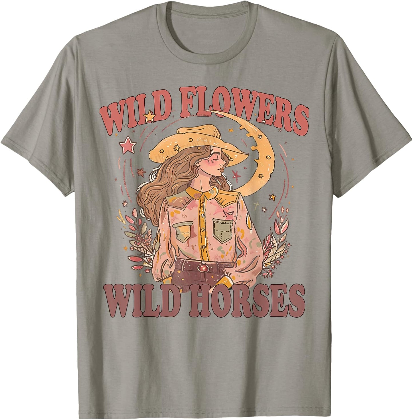 Floral Cowgirl Riding Horse Wild Flowers Wild Horses T-Shirt - T-Shirt | Sand