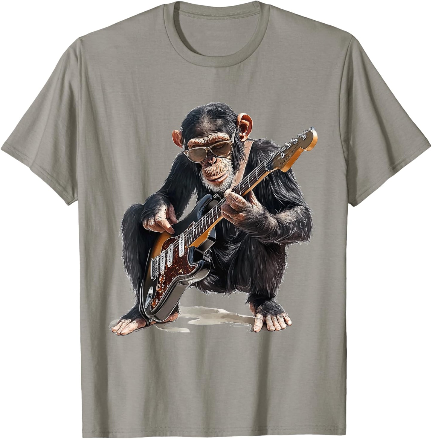 Chimpanzee Dressed as Guitarist with Guitar Monkey Rocker T-Shirt - T-Shirt | Sand