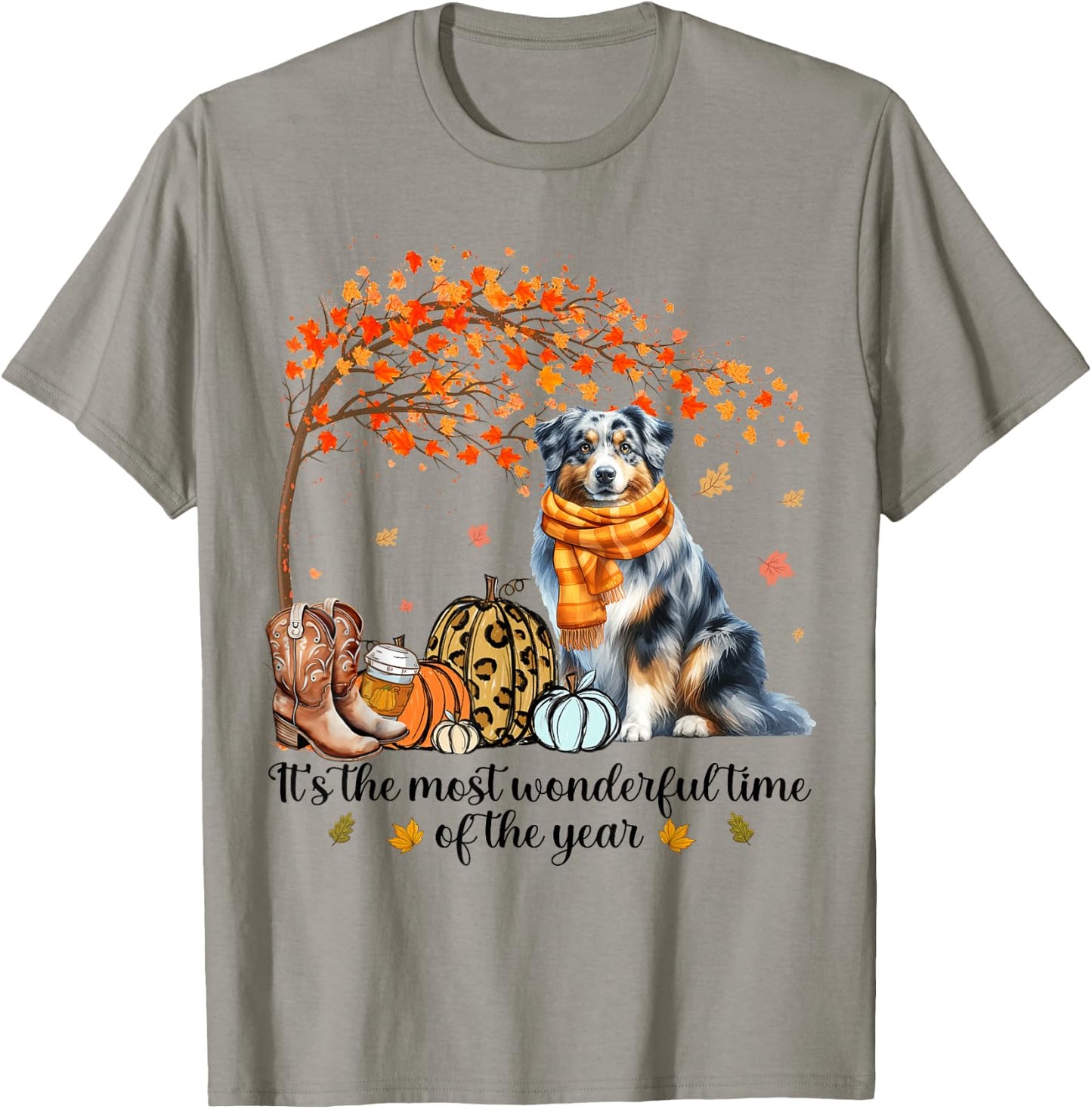 Fall Maple Tree Print Dog Lover Happy Thanksgiving Australian Shepherd Autumn Fall T-Shirt - T-Shirt | Sand