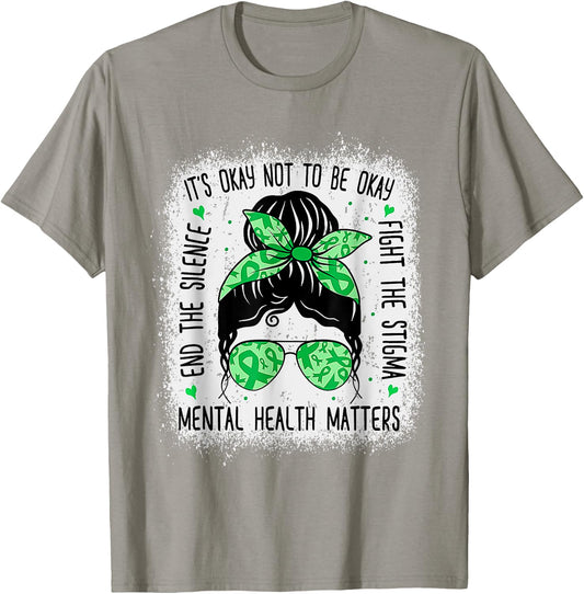 Mental Health Matters Messy Bun Mental Health Awareness T-Shirt - T-Shirt | Sand
