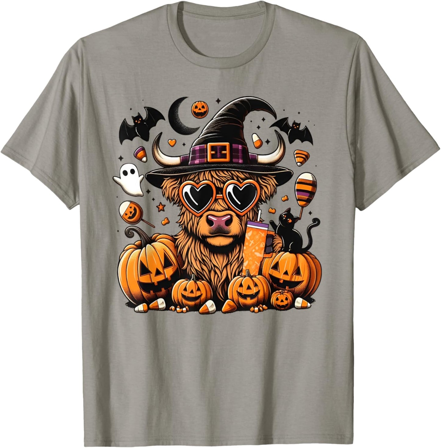 Halloween Highland Cow Witchy Cow Spooky Pumpkin Hello Fall T-Shirt - T-Shirt | Sand