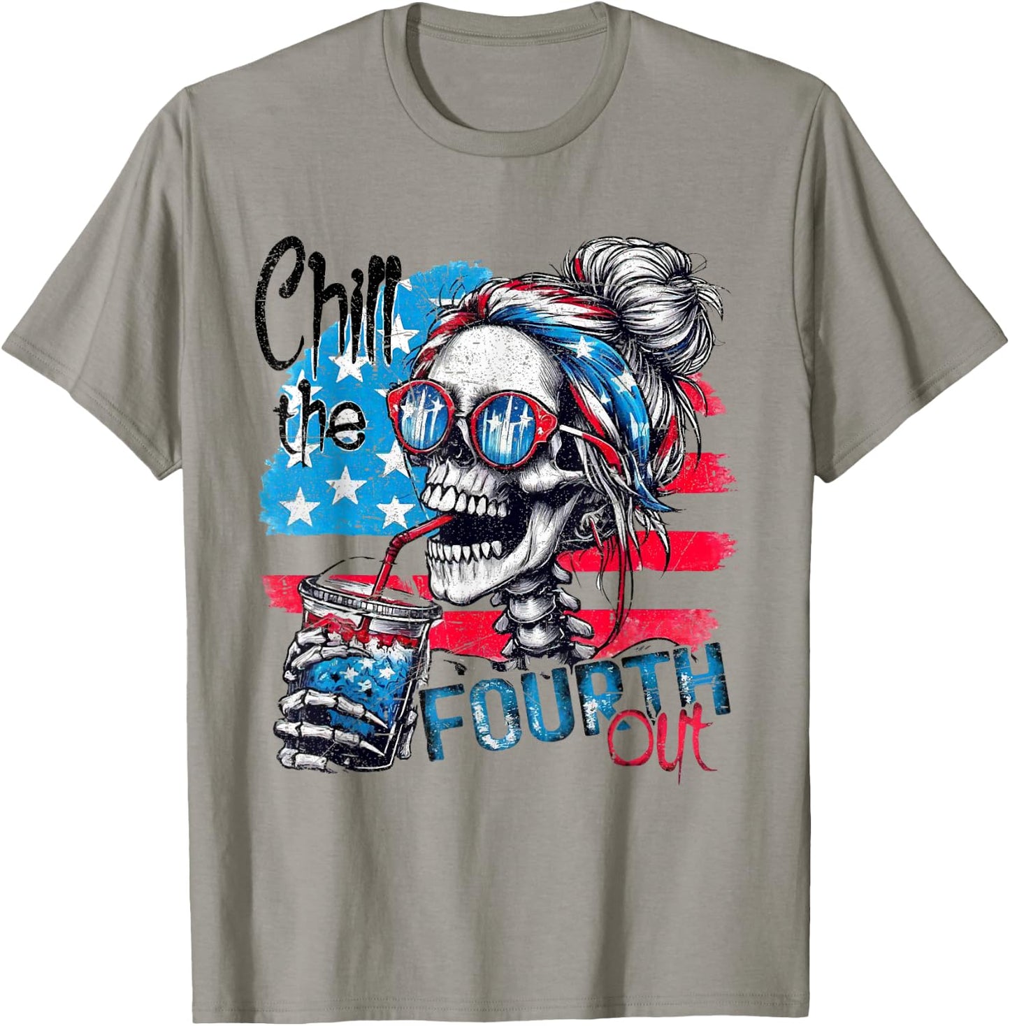 Funny Skeleton US Flag 4th of July Cute Chill The Fourth Out T-Shirt - T-Shirt | Sand