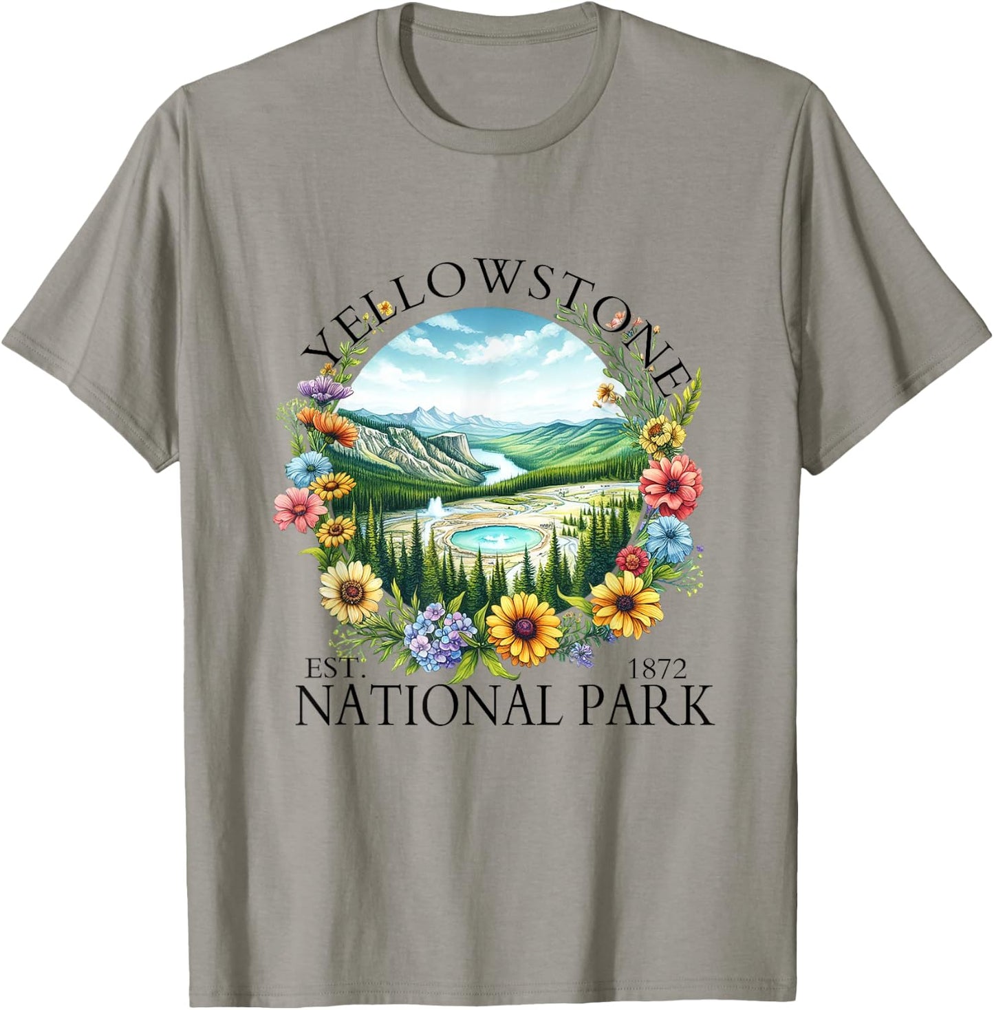 Floral Yellowstone National Park Hiking Camping Outdoor T-Shirt - T-Shirt | Sand