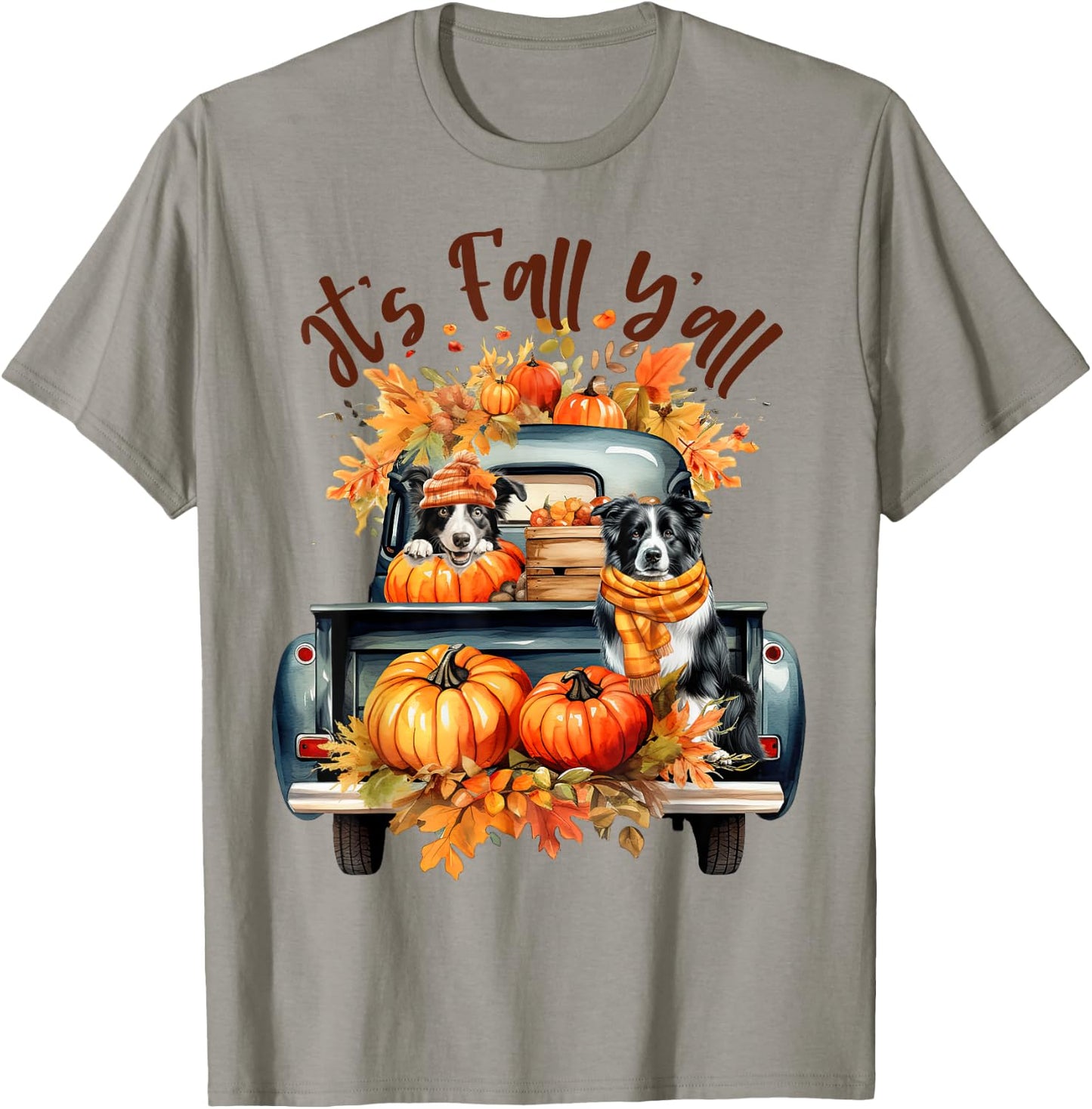 It’s Fall Y’all Border Collie Pumpkins Truck Autumn Season T-Shirt - T-Shirt | Sand