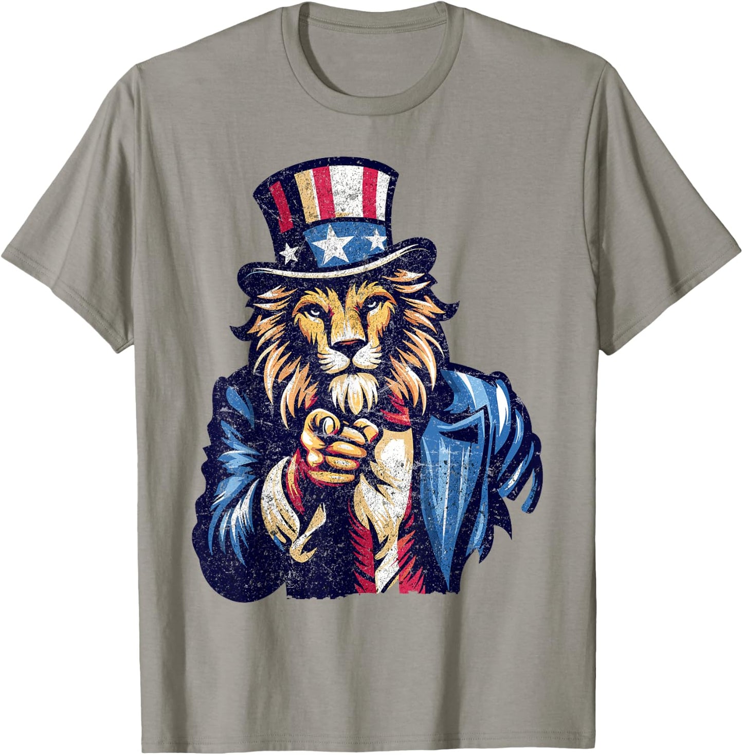 Lion Uncle Sam Pointing Finger 4th Of July Patriotic Men Dad T-Shirt - T-Shirt | Sand