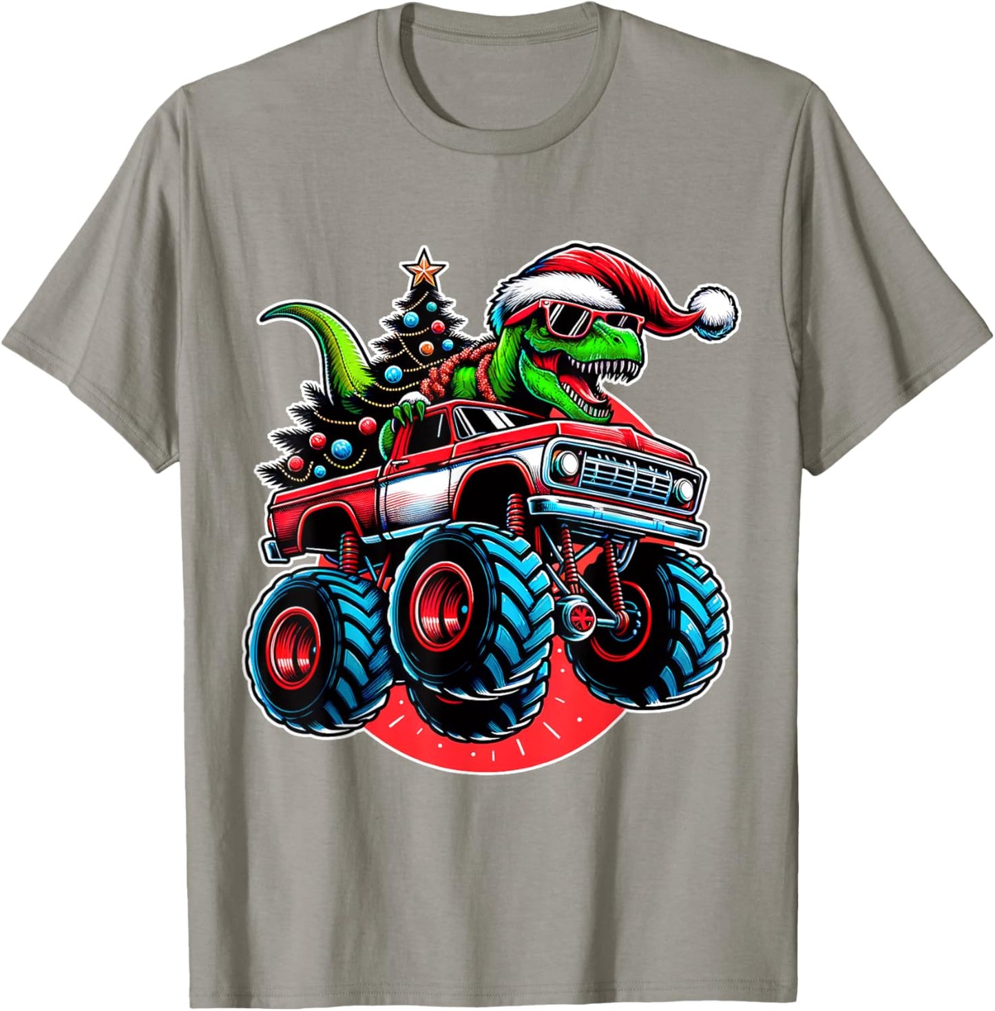 Christmas T Rex Monster Truck Boys Dinosaur Santa Xmas Funny T-Shirt - T-Shirt | Sand
