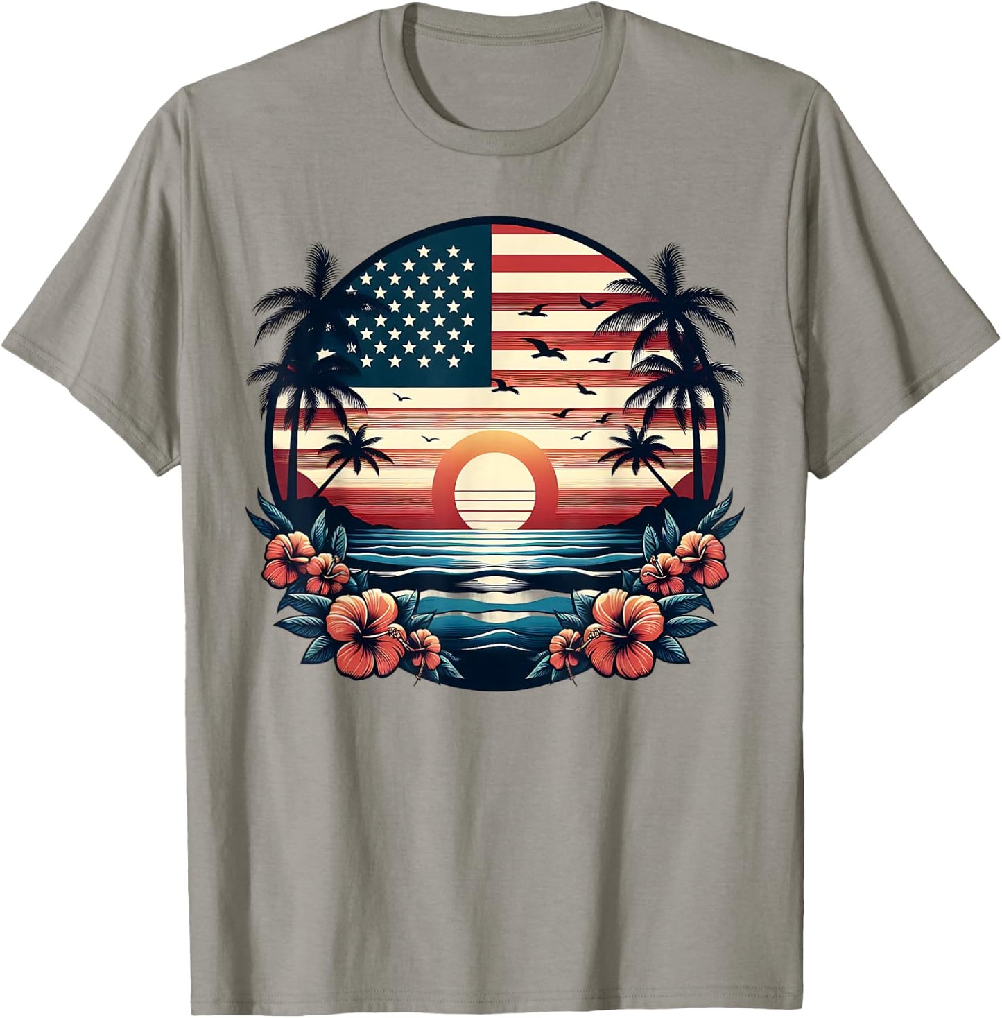 American Flag Palm Trees USA Patriotic 4th of July Summer T-Shirt - T-Shirt | Sand