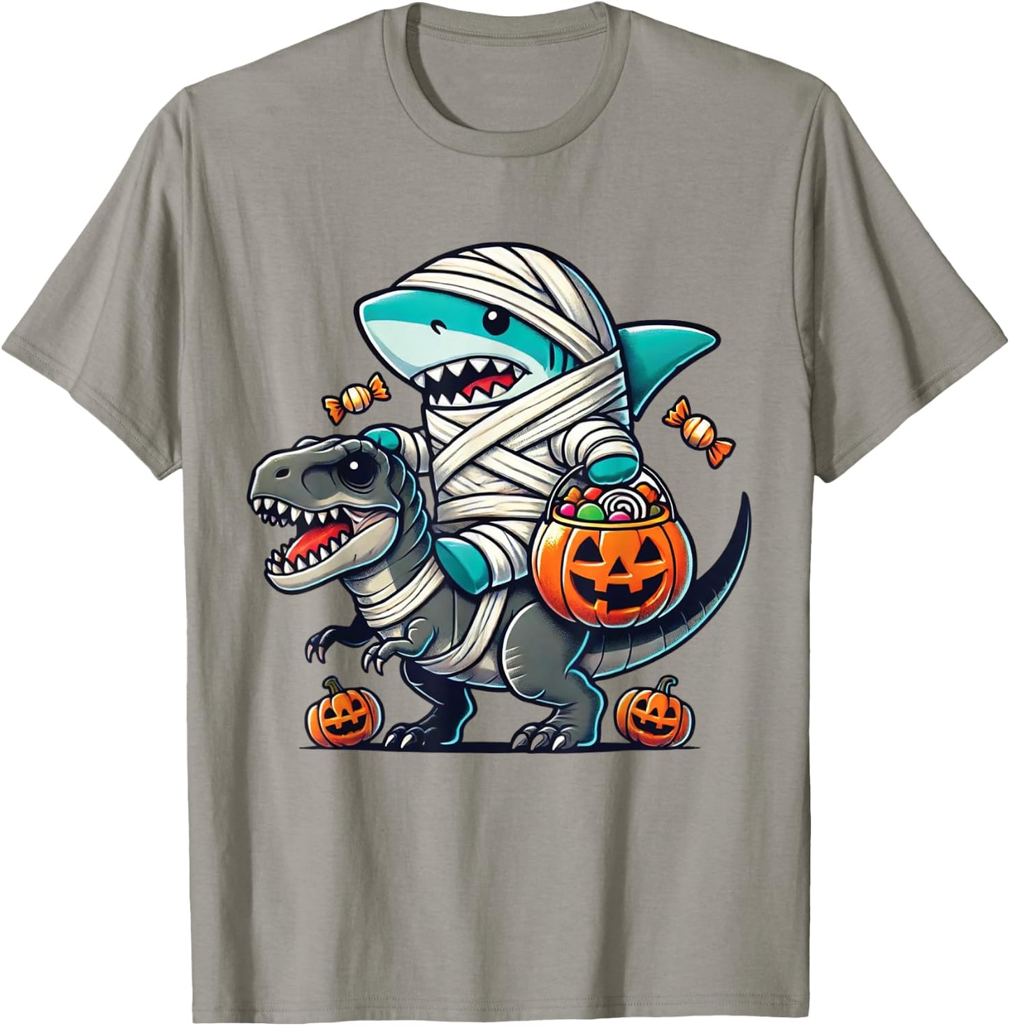 Shark Riding Dinosaur T-rex Funny Halloween Pumpkin Boys Kid T-Shirt - T-Shirt | Sand