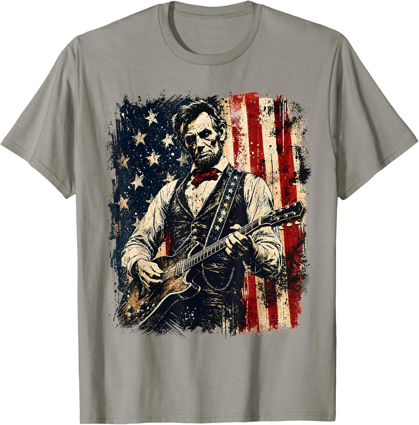 Retro Vintage Abraham Lincoln Playing Guitar American Flag T-Shirt - T-Shirt | Sand