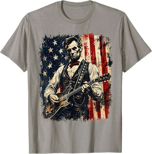 Retro Vintage Abraham Lincoln Playing Guitar American Flag T-Shirt - T-Shirt | Sand