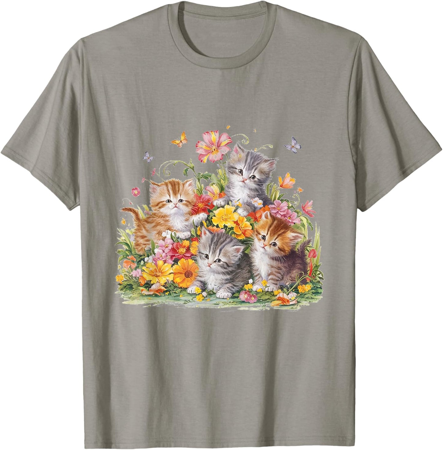 Floral Vintage Aesthetic Painted Kittens and Pressed Flower T-Shirt - T-Shirt | Sand