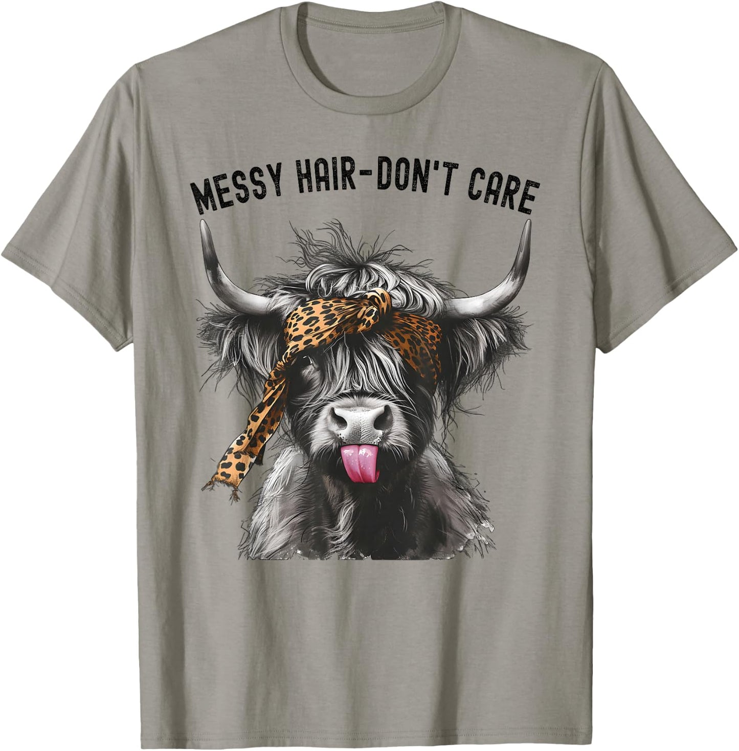 Highland Cow Leopard Print Messy Hair Don't Care Western T-Shirt - T-Shirt | Sand