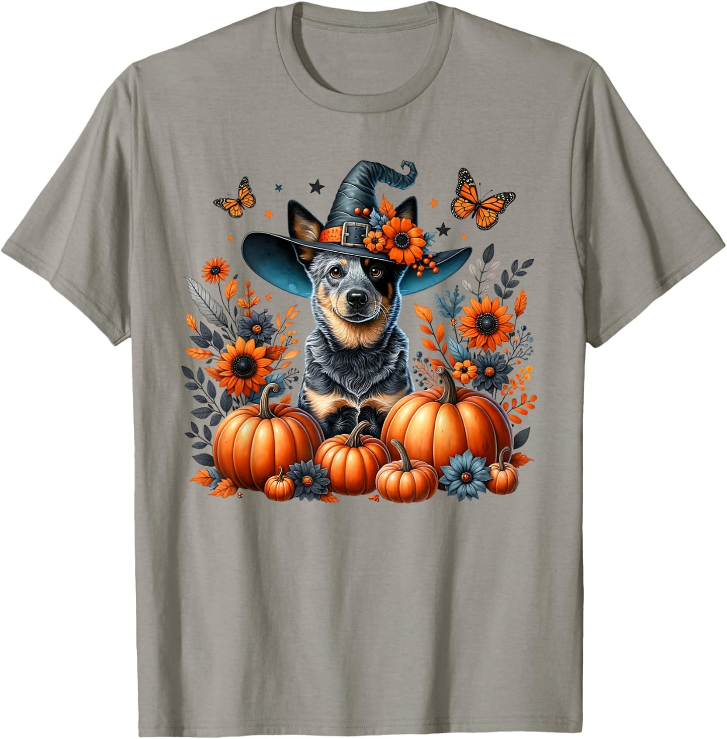 Halloween Blue Heeler Dog Pumpkin Autumn Season Flowers T-Shirt - T-Shirt | Sand