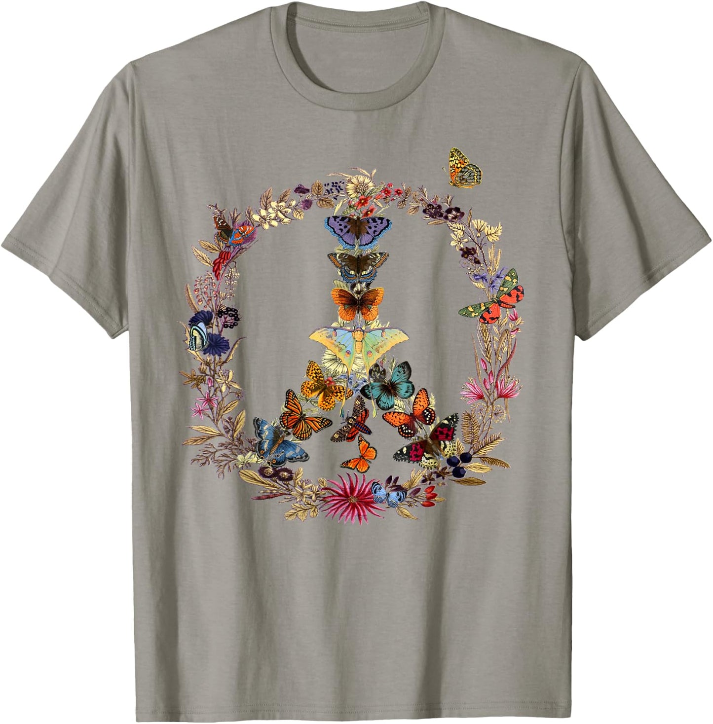 Peace Sign Butterflies flowers 60's 70s Retro Hippie T-Shirt - T-Shirt | Sand