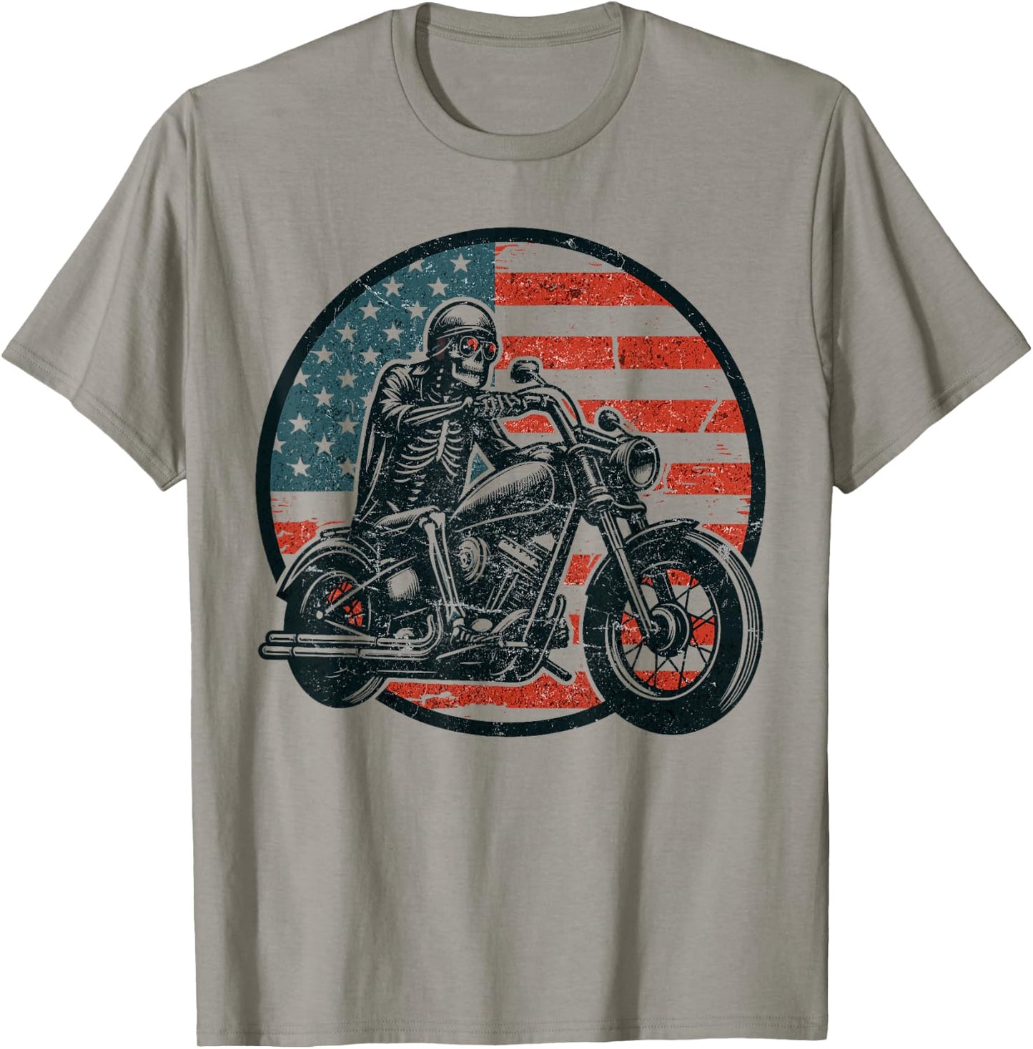 US Flag Motorcycle Skeleton Biker 4th July American Men Dad T-Shirt - T-Shirt | Sand