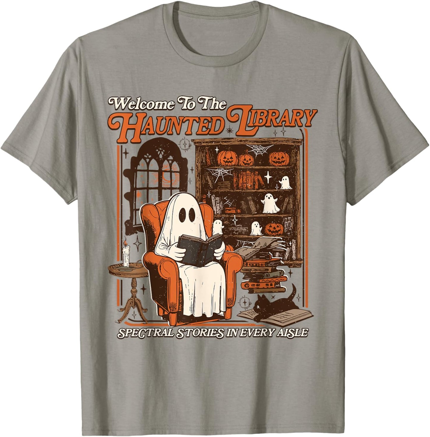 Halloween Funny Ghost Welcome To The Haunted Library T-Shirt - T-Shirt | Sand
