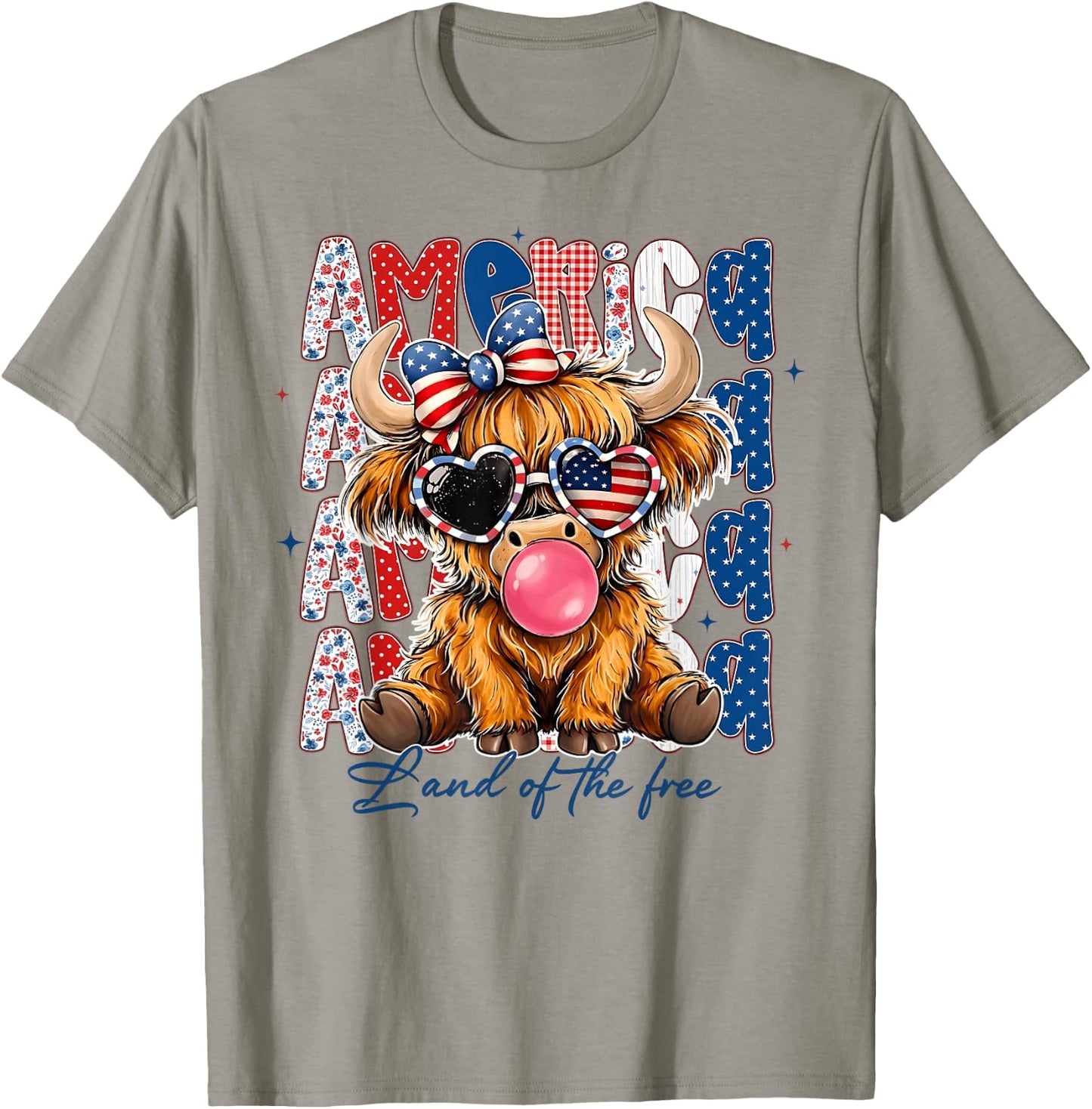 4th of July Highland Cow USA Flag Sunglasses Girl Women T-Shirt - T-Shirt | Sand