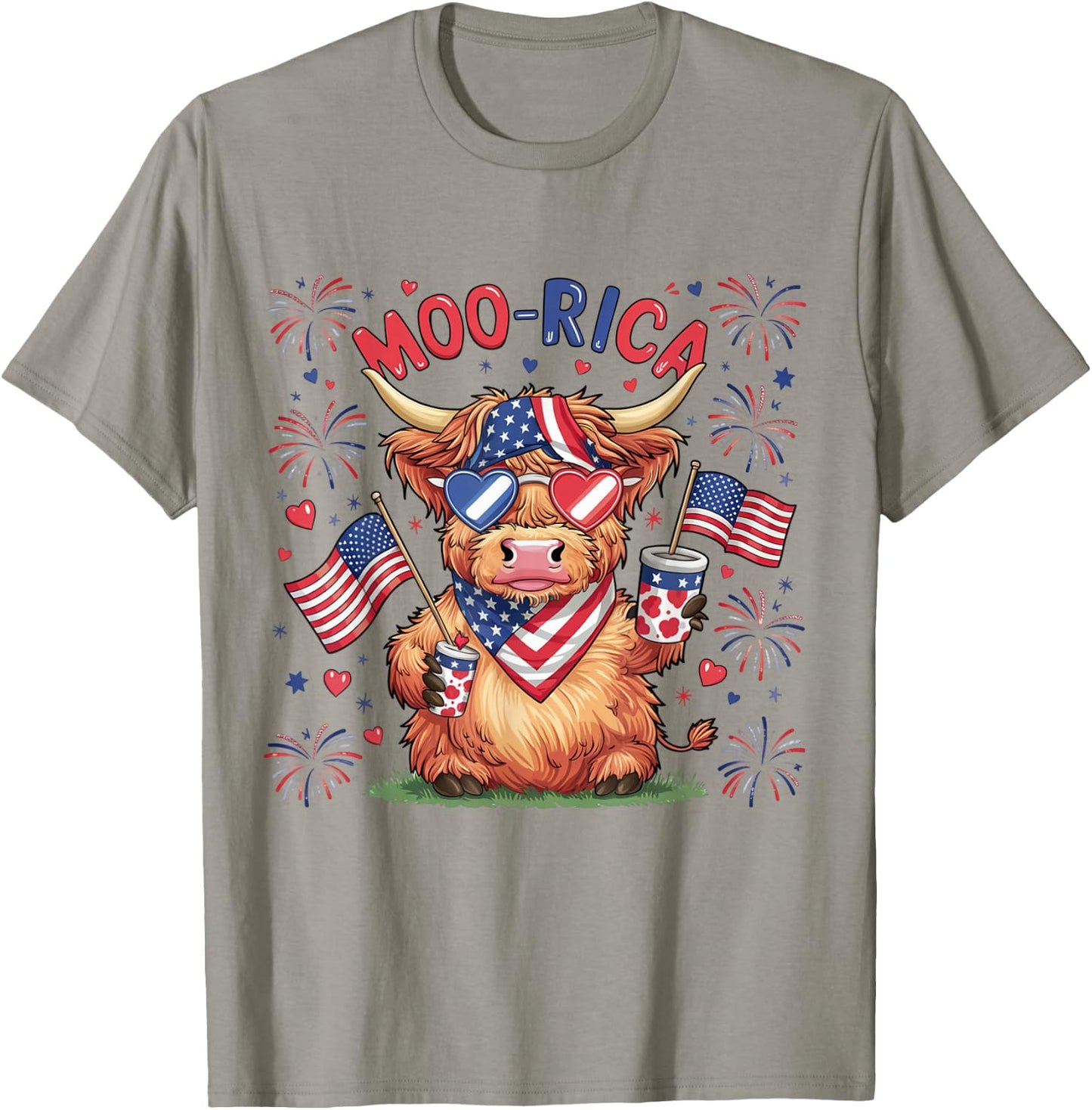 Moo-Rica Western America Highland Cow 4th Of July USA Flag Kids Men T-Shirt - T-Shirt | Sand