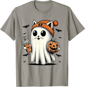 Cute Cat Ghost Iced Coffee Funny Ghost Halloween Ice Coffee Women Kids T-Shirt - T-Shirt | Sand