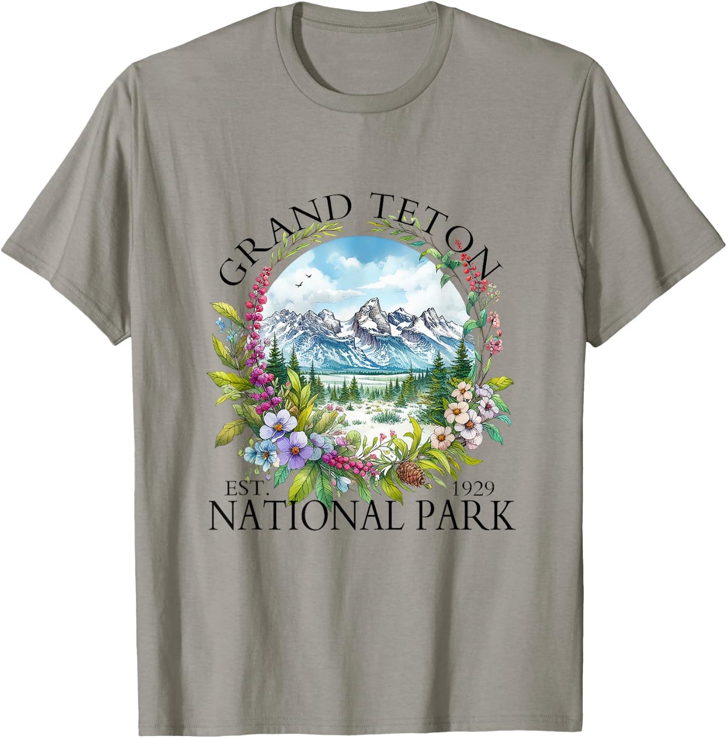 Floral Grand Teton National Park Hiking Camping Outdoor T-Shirt - T-Shirt | Sand