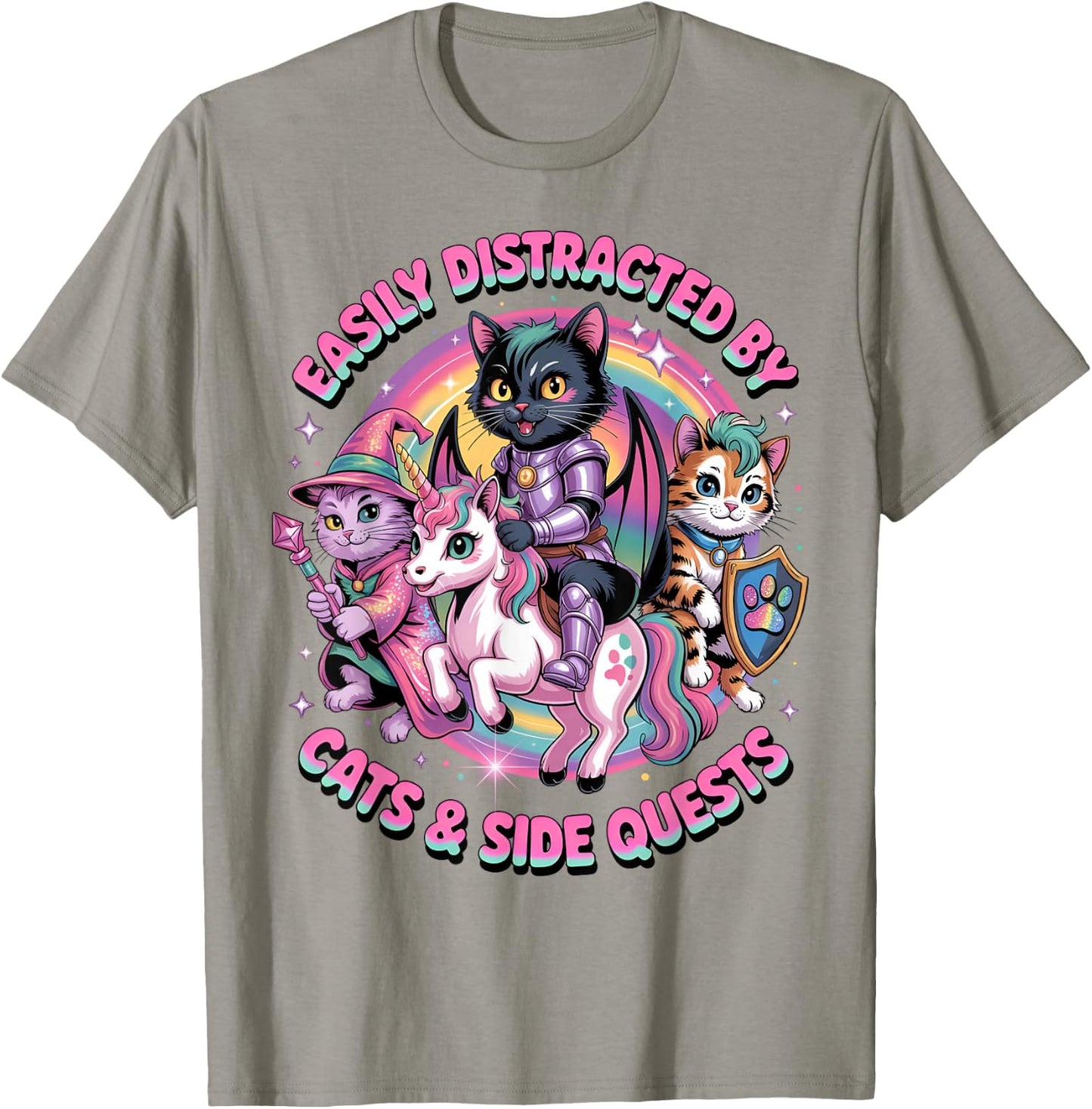 Gamer Cats Side Quest Distracted Cute Girls Unicorn RPG T-Shirt - T-Shirt | Sand