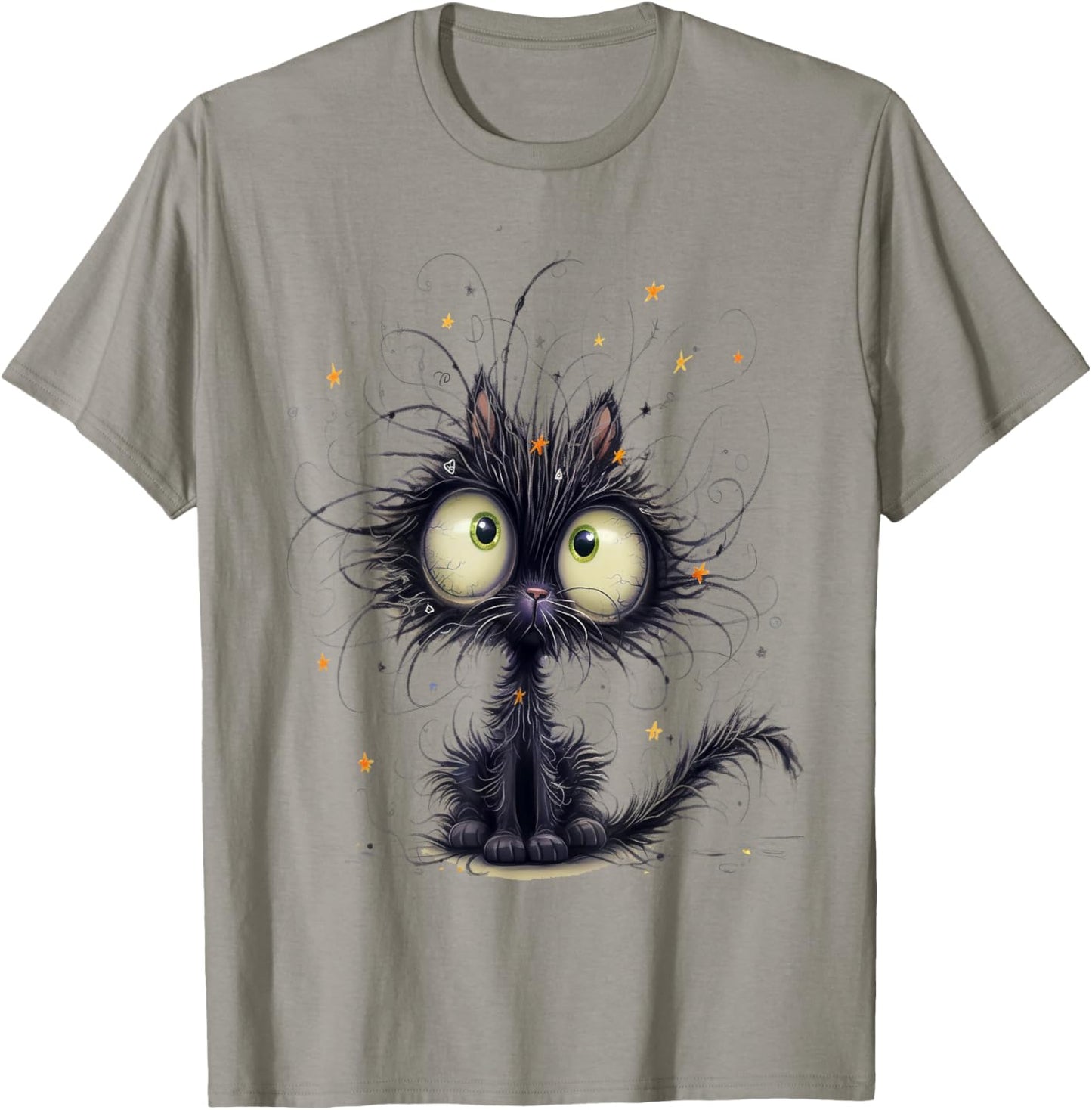 Frazzled Cat Funny Fantasy Whimsical with Big Round Eyes T-Shirt - T-Shirt | Sand