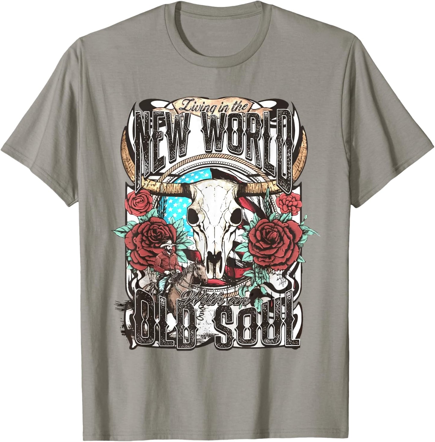 Living In The New World With An Old Soul Cow Skull Western T-Shirt - T-Shirt | Sand