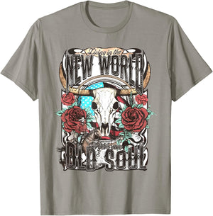 Living In The New World With An Old Soul Cow Skull Western T-Shirt - T-Shirt | Sand