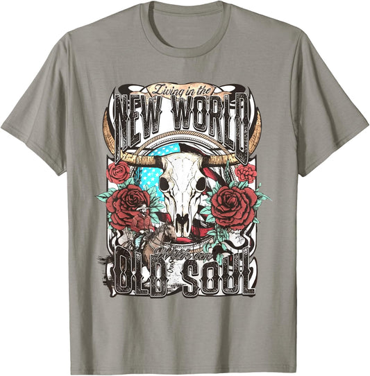 Living In The New World With An Old Soul Cow Skull Western T-Shirt - T-Shirt | Sand