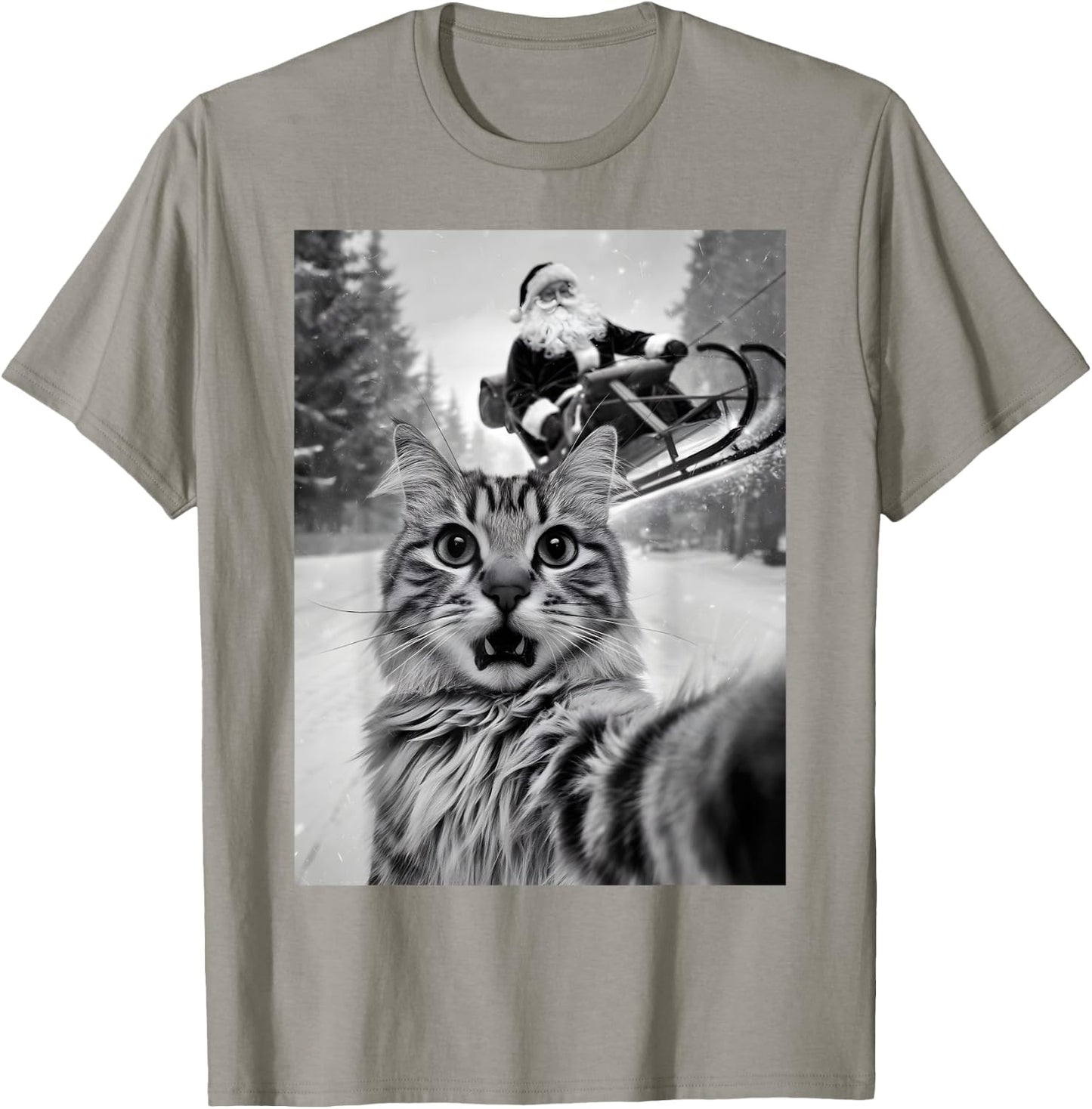 Christmas Cat Selfie With Santa Claus Sleigh Merry X-Mas Men Women Kids T-Shirt - T-Shirt | Sand