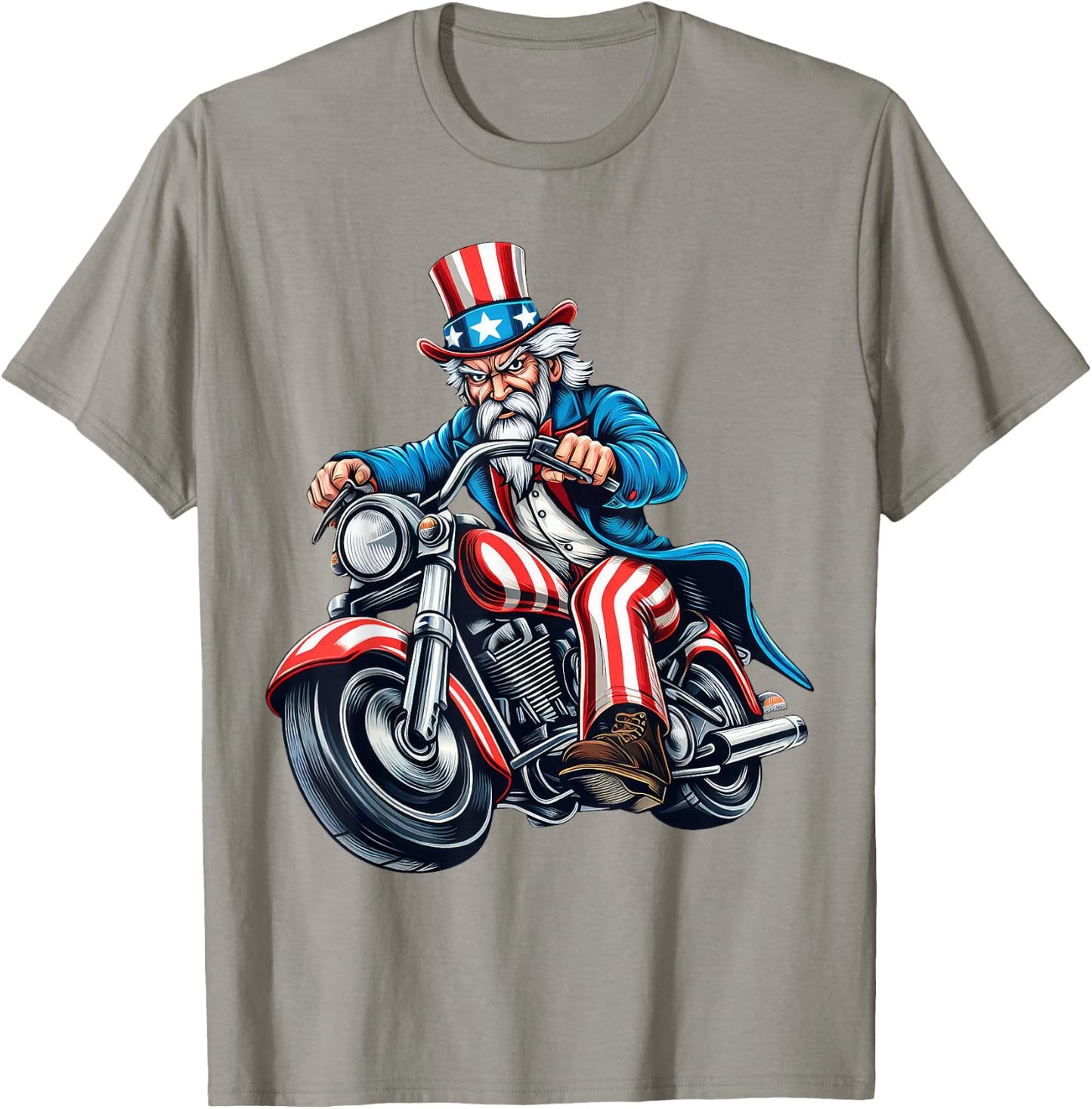 Uncle Sam Riding Motorcycle 4th of July Biker Motorcyclist T-Shirt - T-Shirt | Sand