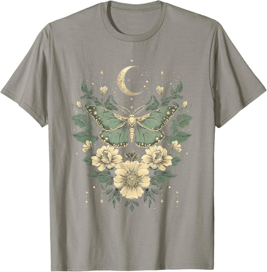 Goblincore Moth and Butterfly Moonphases Flowers Cottagecore T-Shirt - T-Shirt | Sand