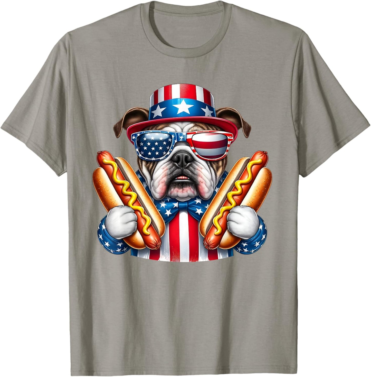 English Bulldog Dog 4th of July Hotdog USA Flag Patriotic T-Shirt - T-Shirt | Sand