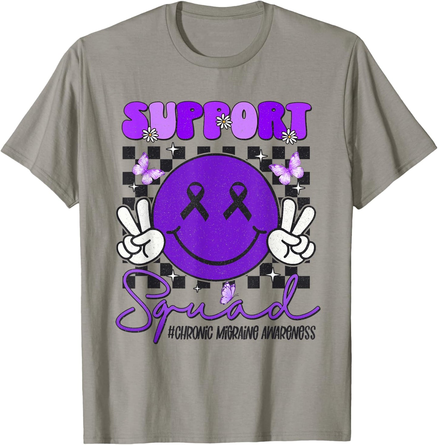 Chronic Migraine Awareness Support Smile Face Purple Ribbon T-Shirt - T-Shirt | Sand