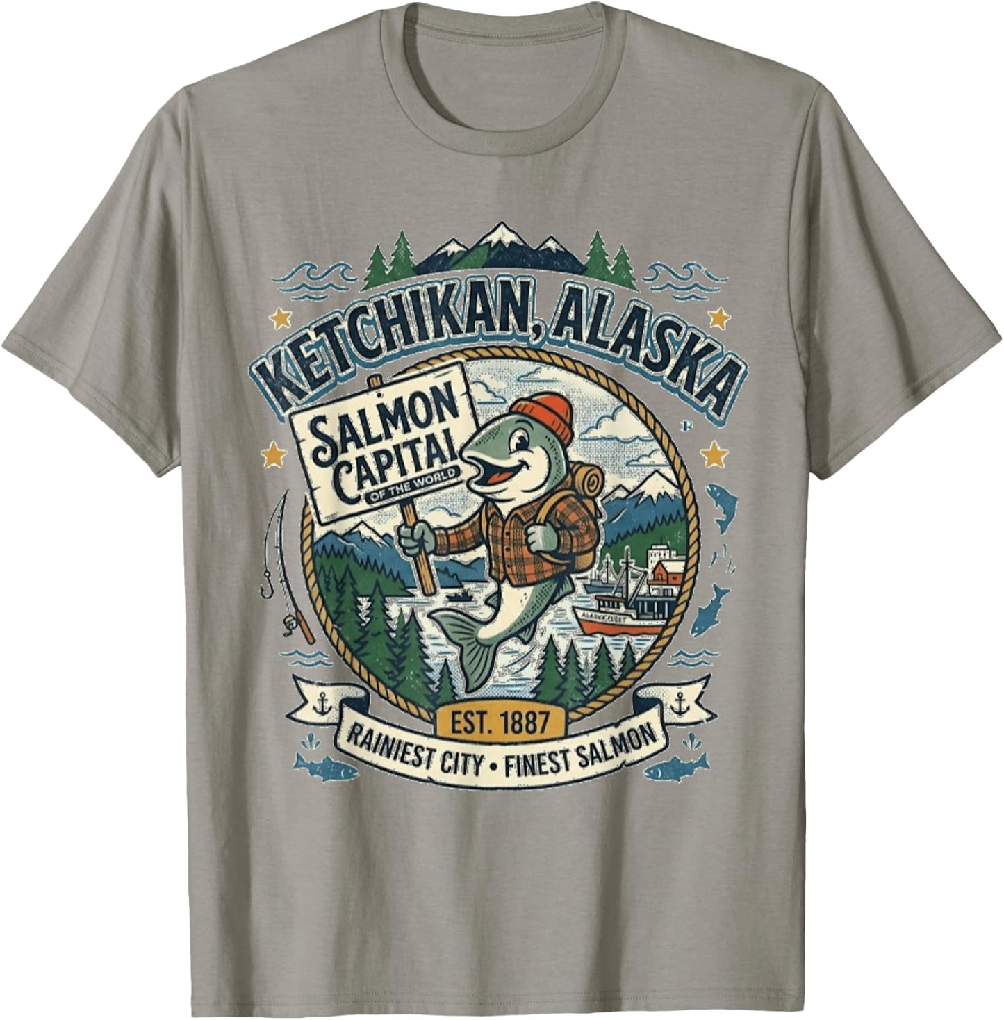 Ketchikan, Alaska - Salmon Capital - Vintage Mascot Logo T-Shirt - T-Shirt | Sand