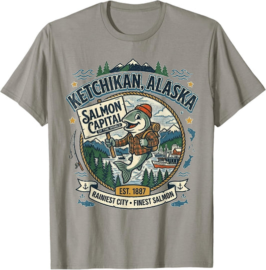Ketchikan, Alaska - Salmon Capital - Vintage Mascot Logo T-Shirt - T-Shirt | Sand
