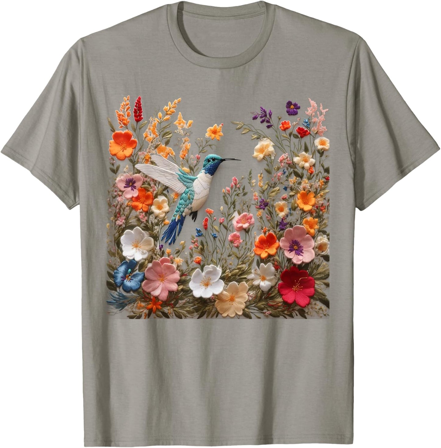 Embroidered Flower Hummingbird Floral Hummingbird in Bloom T-Shirt - T-Shirt | Sand