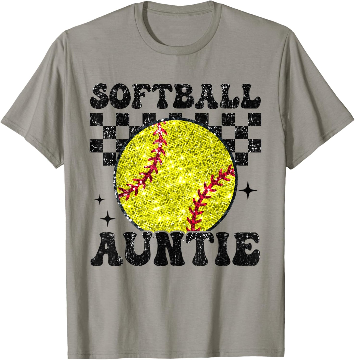Softball Auntie Checkered Retro Funny Softball Aunt Family T-Shirt - T-Shirt | Sand