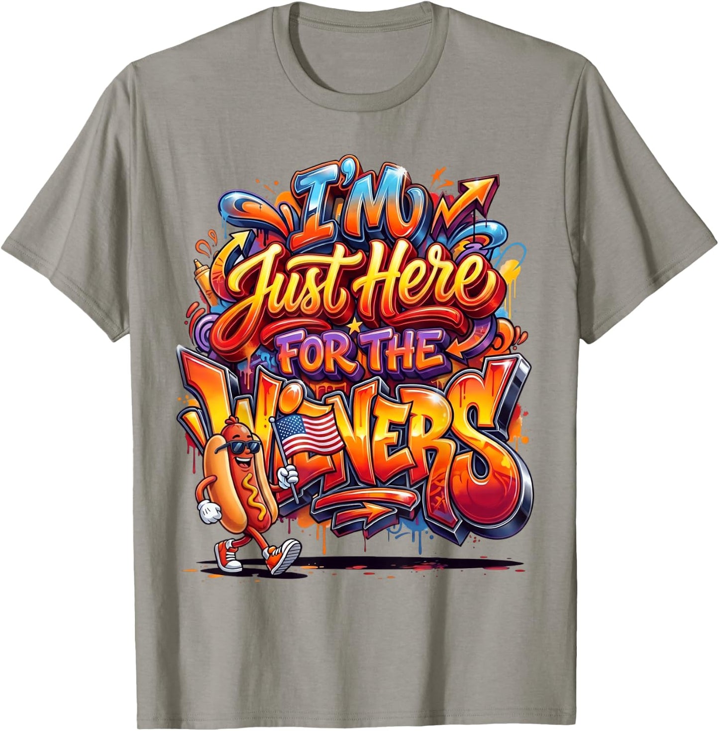 Funny Hot Dog I'm Just Here for The Wieners Fourth of July T-Shirt - T-Shirt | Sand