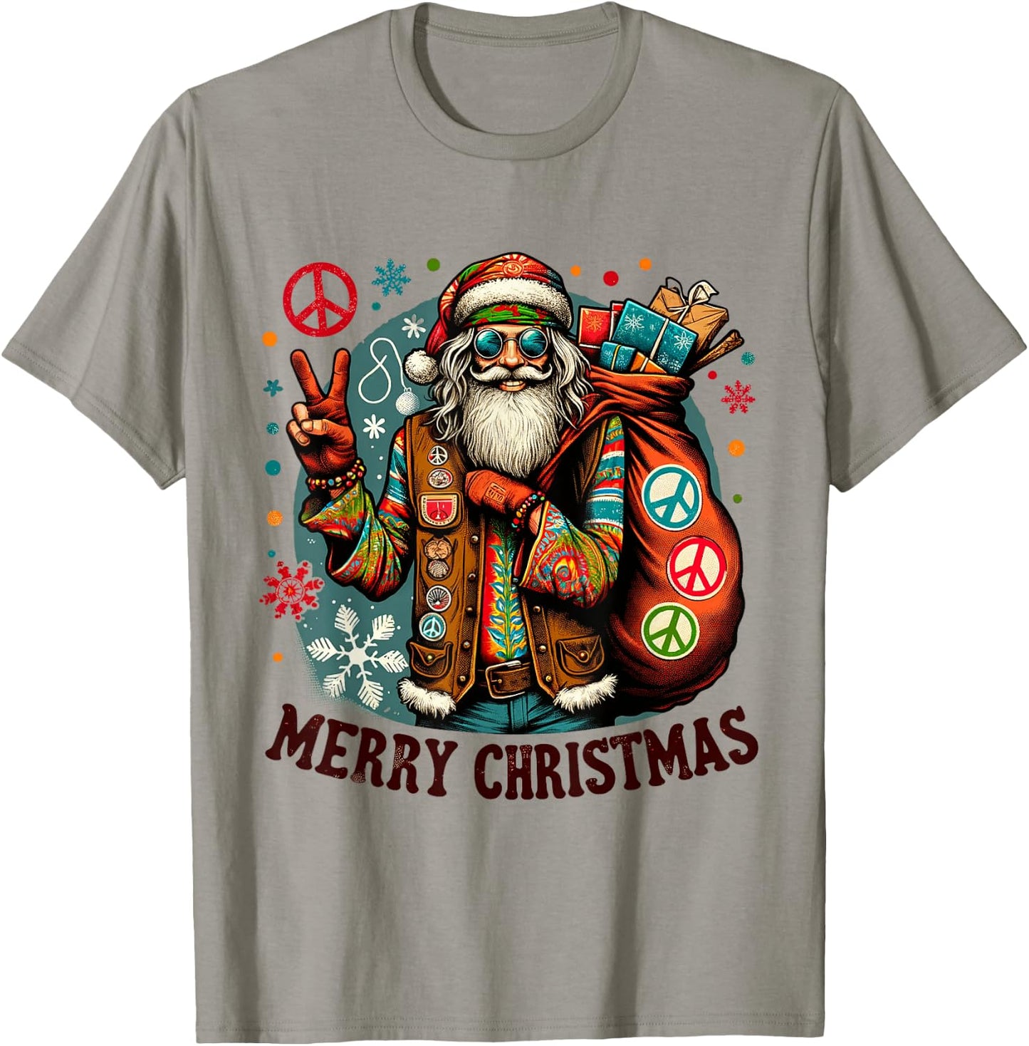 Hippie Santa Claus Christmas Peace Love & Merry X-Mas Winter T-Shirt - T-Shirt | Sand