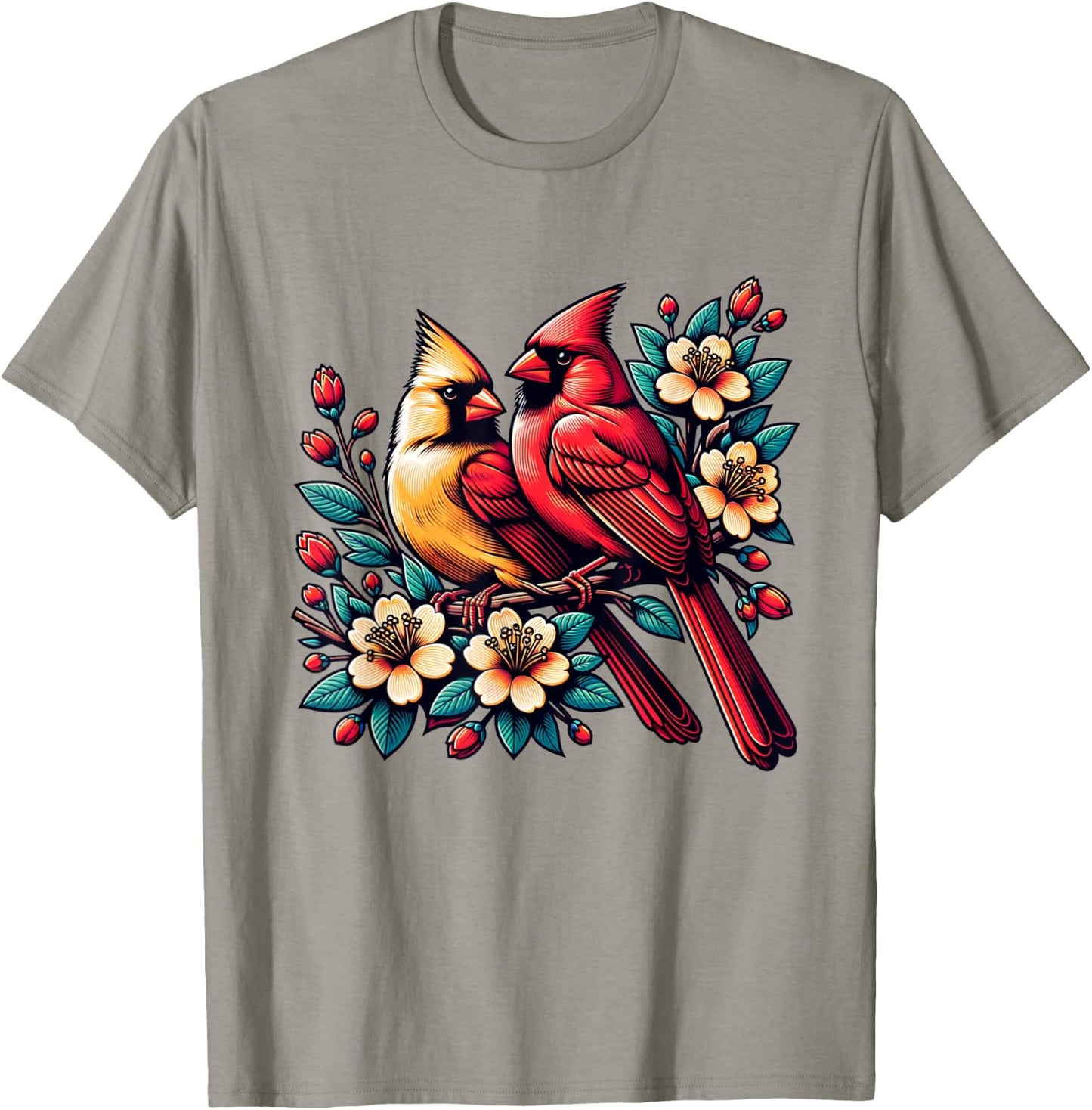 Cute Red Cardinal Couple on Flowering Branch Spring lovers T-Shirt - T-Shirt | Sand