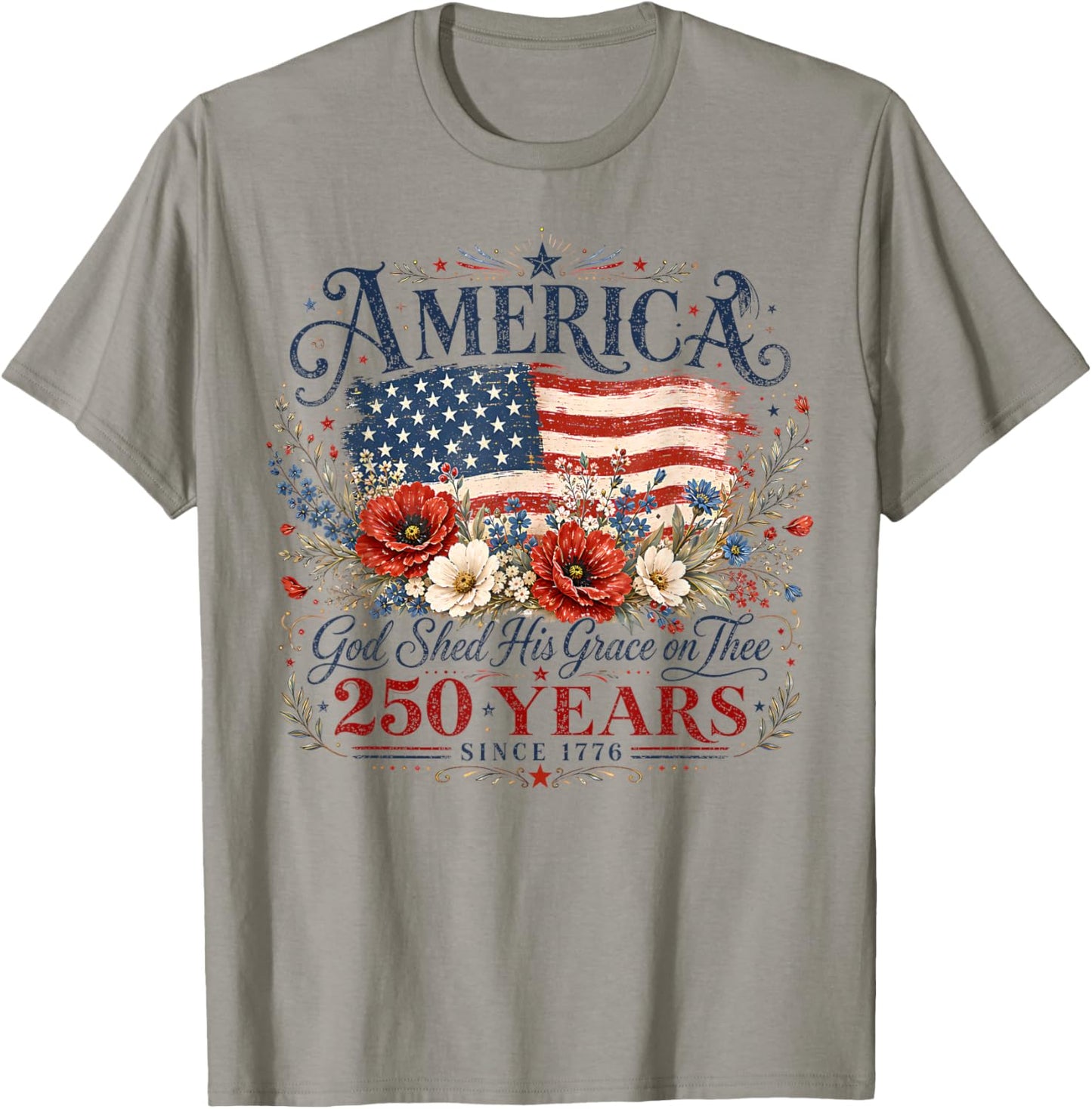 USA 250 Years America Floral Birthday Patriotic 4th of July T-Shirt - T-Shirt | Sand