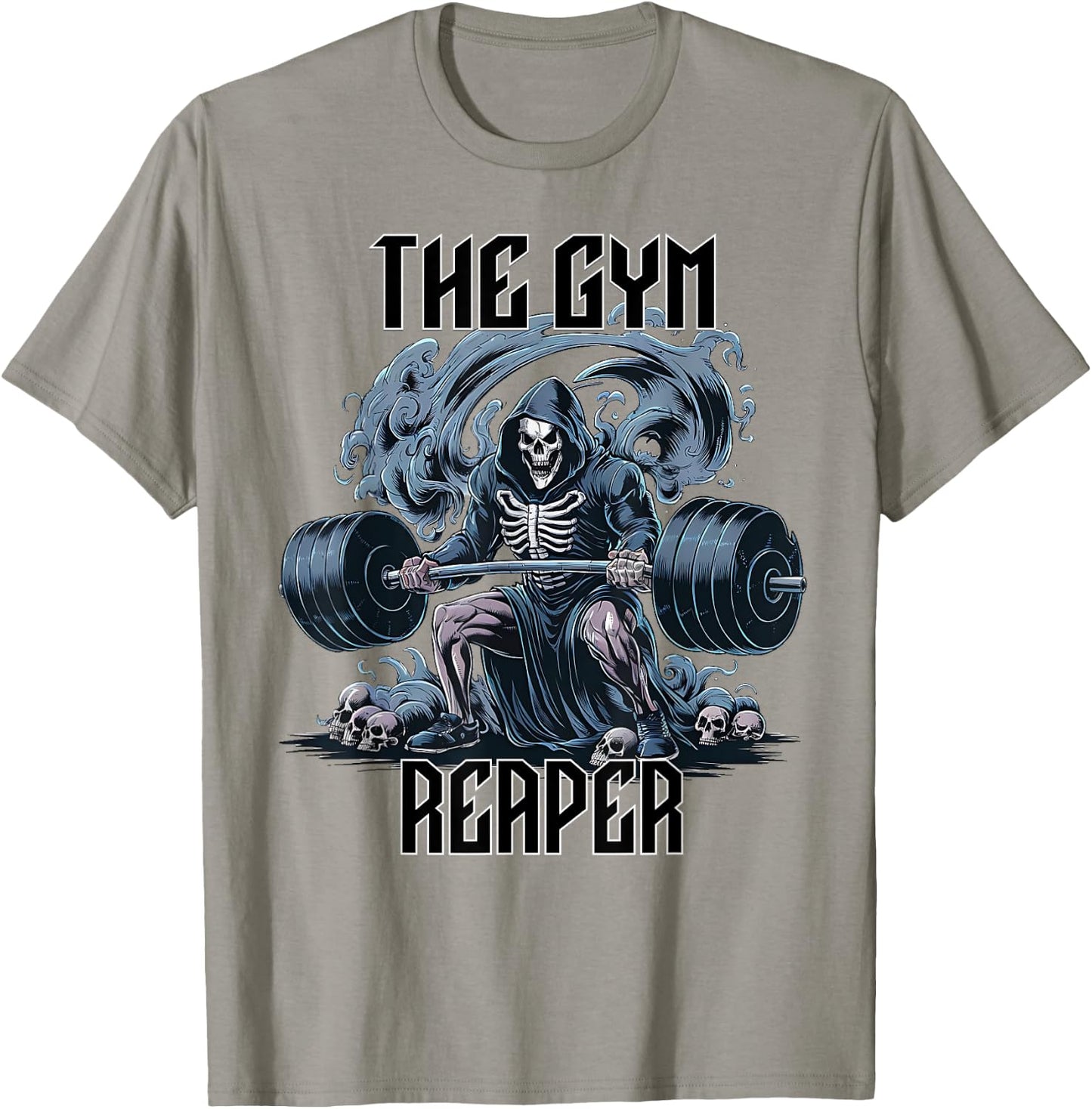 The Gym Reaper Death Skeleton Lifting Heavy Barbell Weights T-Shirt - T-Shirt | Sand