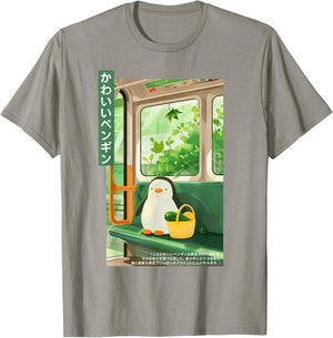 Cute Kawaii Penguin with Basket in Green Train Japanese T-Shirt - T-Shirt | Sand