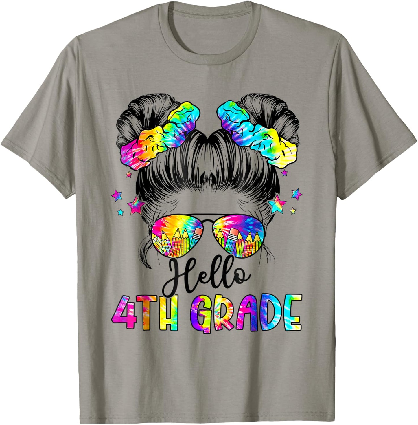 Hello 4th Grade Messy Hair Bun Girl Back To School First Day T-Shirt - T-Shirt | Sand
