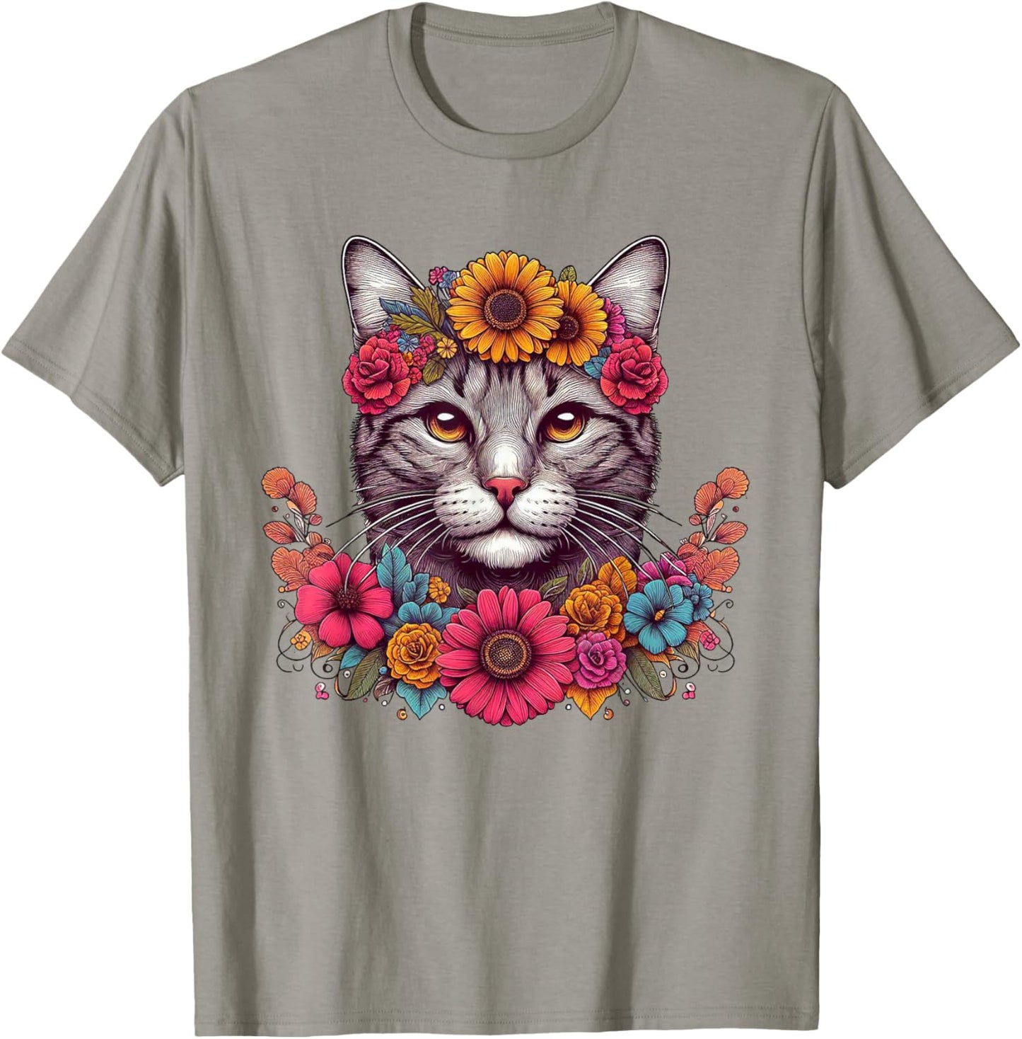 Cat Flower Crown Floral Men Women Kids T-Shirt - T-Shirt | Sand