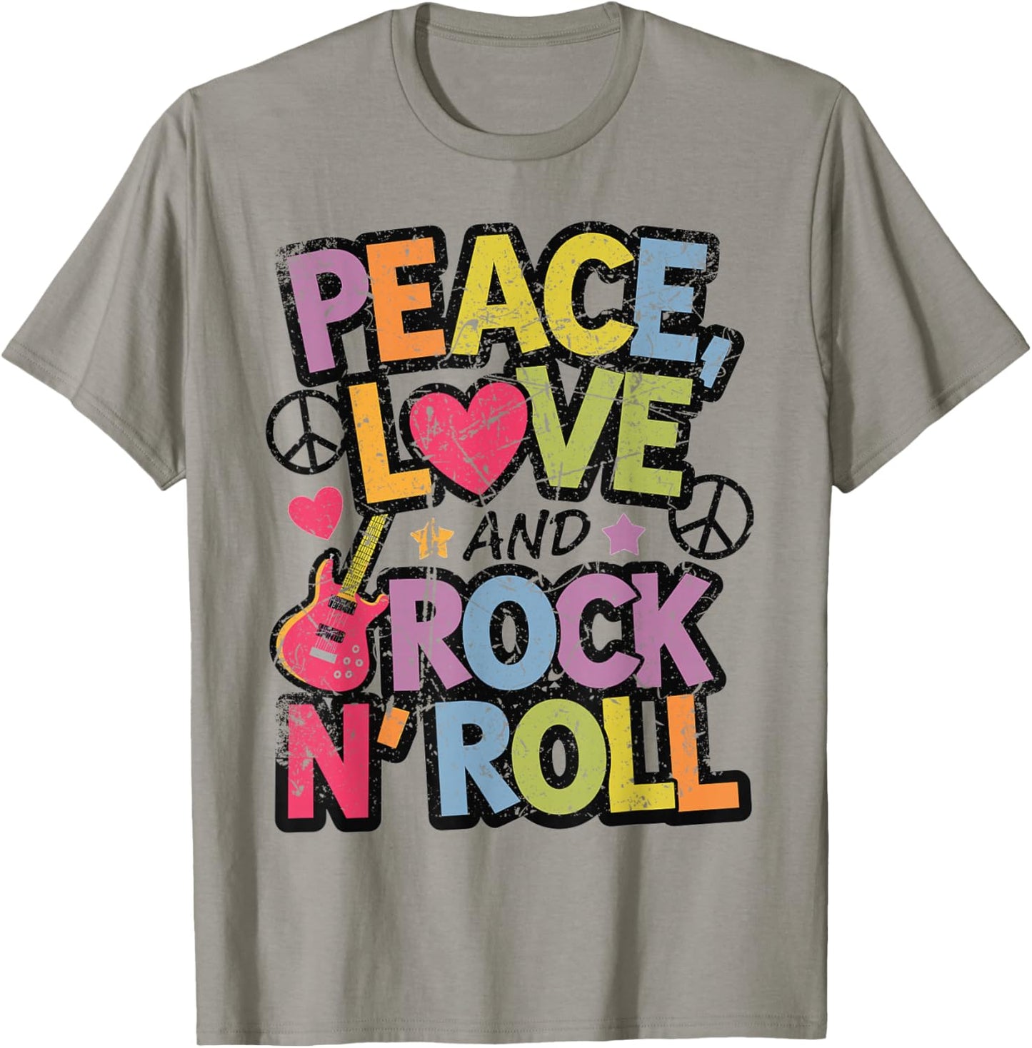 Peace, Love, and Rock 'n' Roll Retro Music-Inspired Graphi T-Shirt - T-Shirt | Sand